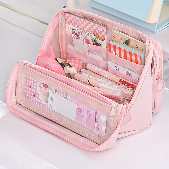 FEOLGEHLY Large Capacity Pencil Case with Zipper, Pencil Pouch with 9 Separate Compartments and 1 Detachable Transparent Pouch, Sturdy and Durable Pen Bag Pencil Box for Office Travel Men Women(Pink)