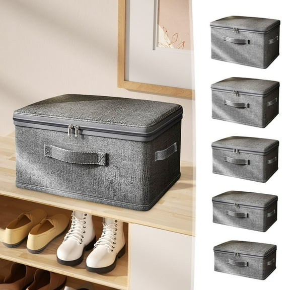 FEOLGEHLY Large Capacity Storage Bins with Zipper Lid Cotton Linen Fabric Lidded Storage Baskets Boxes Foldable Washable Closet Shelf Clothes Organizer Container with Handles, Gray