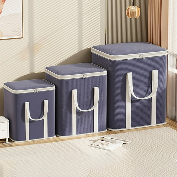 FEOLGEHLY Large Capacity Storage Bins with Zipper Lid Cotton Linen Fabric Lidded Storage Baskets Boxes Foldable Washable Closet Shelf Clothes Organizer Container with Handles, Blue