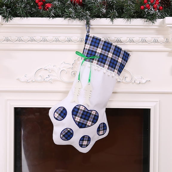 FEOLGEHLY Large Christmas Stockings, Hanging Cat Dog Paw Holiday Stockings for Christmas Tree, Cute Pet Paw Plain Stocking, Xmas Stockings for Family Home Mantel Fireplace Party Decorations, Blue