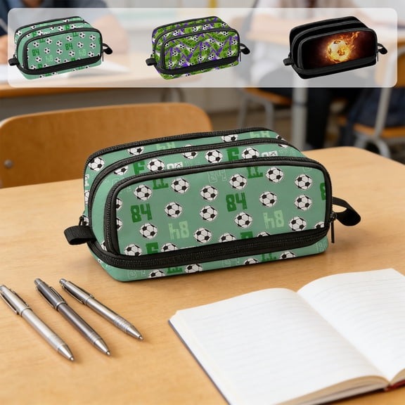 FEOLGEHLY Large Pencil Case with Zipper, Six Compartment Large Capacity Pen Pouch, Football Print Stationary Organizer, Durable Portable Resistant to Pilling for Office Commuting Trips (C)