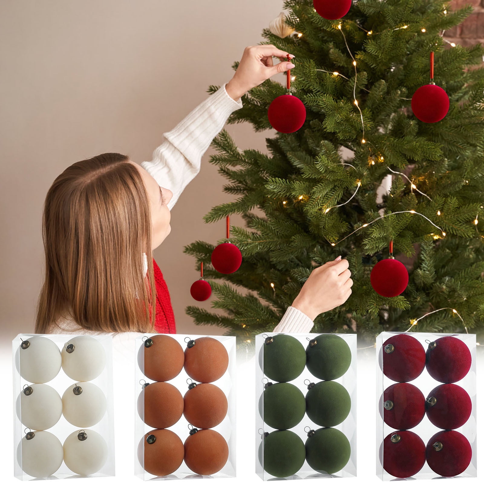 FEOLGEHLY Large Velvet Christmas Ball Ornaments Sets, 6 Pcs Farmhouse Shatterproof Christmas Bulbs Ornaments for Xmas Tree Decorative, Vintage Party Home Neutral Decorations, Green