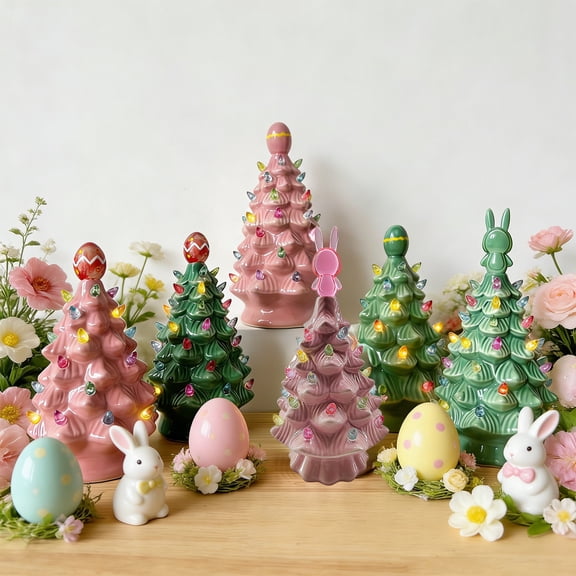 FEOLGEHLY Lighted Easter Resin Tabletop Tree Ornaments, 9.6inch Pre-Lit Easter Egg Tree Figurines with Colorful Lamp Beads and Egg Top, Easter Desktop Decorations Gifts (Pink)