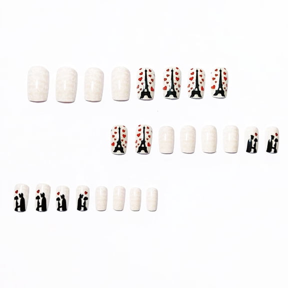 FEOLGEHLY Long Press On Nails, Nude Tower & Love Heart Pattern Valentine Fake Nail Set, 24Pcs Romantic European Style Reusable Wearable False Nail Tips for DIY Manicure