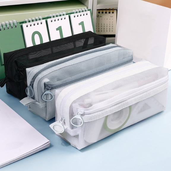 FEOLGEHLY Mesh Pencil Case, Nylon Cute Pencil Pouch, Double-layer Transparent Pencil Bag, Large Capacity Zipper Pen Case, Lightweight Multi-compartment Storage Pouch for Home Office Daily Use