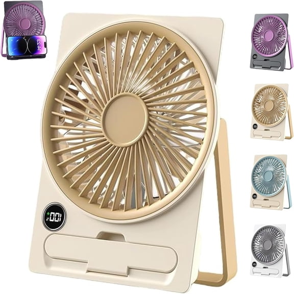 FEOLGEHLY Mini Portable Fan,Small Fan For Desk with Smart LCD Display, USB Rechargeable, 6 Speeds Adjustable, Strong Wind, Built in Phone Stand, 180° Adjustablet for Office Travel (Yellow)