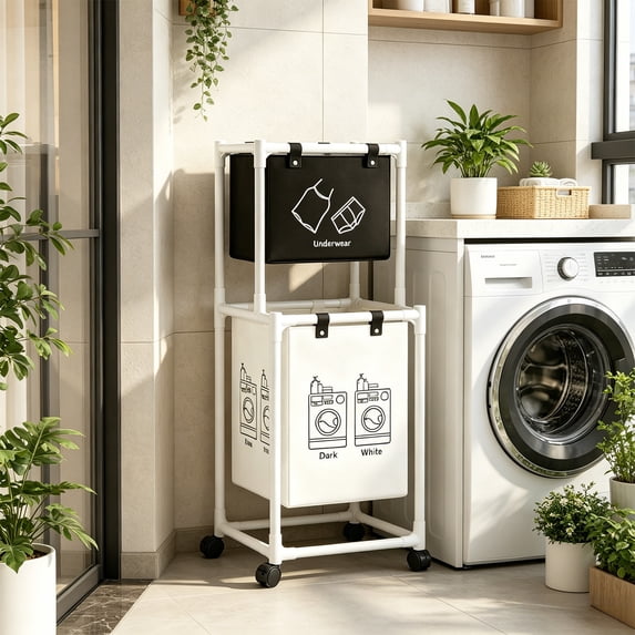 FEOLGEHLY Multifunctional Shelf 2-Tier All-in-One Organizer with Wheels, Space Saving Laundry Basket & Storage Rack for Bathroom, Bedroom, Kitchen, White