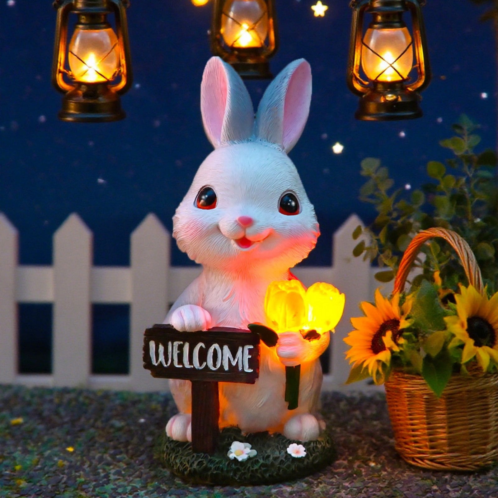 FEOLGEHLY Outdoor Solar Light Easter Rabbit Garden Statues Decor Waterproof Bunny Figurine Resin Sculpture Gift for Mom Grandma, for Porch Lawn Yard Home House Gardening Birthday Housewarming