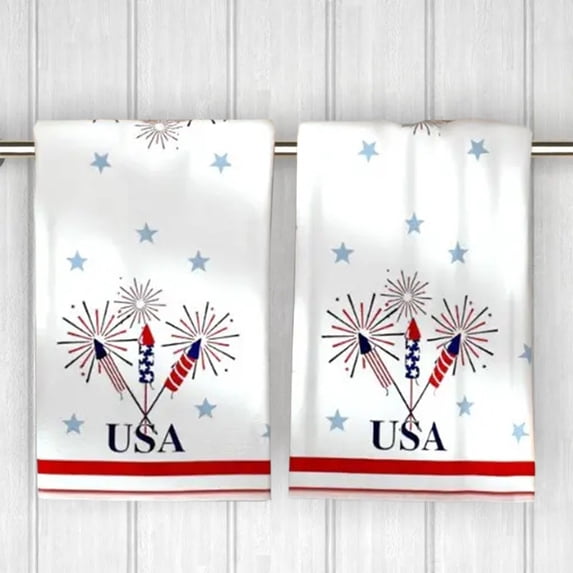 FEOLGEHLY Patriotic Kitchen Towels 4th of July Independence Day Fireworks Stars Red White Blue Dish Towels, 16x24 inch Seasonal Summer Memorial Day Decoration Hand Towels Set of 2