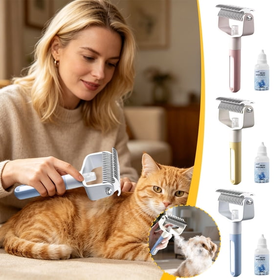FEOLGEHLY Pet Steam Brush for Dogs and Cats - 3-in-1 Spray Grooming Comb with Built-in Spray for Hair Removal and Deshedding, Gentle Stainless Steel Blades, Refillable Design (Yellow)