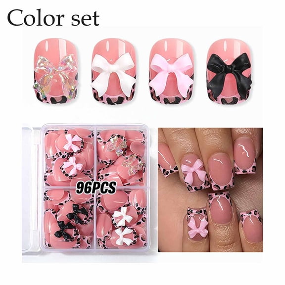 FEOLGEHLY Press on Nails, Short Square Pink Leopard French Bow Handmade Fake Nail Set, 96Pcs False Nail Tips with Jelly Glue & Nail File for DIY Manicure