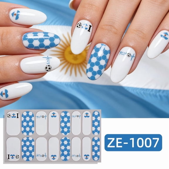 FEOLGEHLY Press on Nails Short for Women - Cute Short Square Themed Nail Wraps, with Glitter Soccer Flag Designs, Waterproof Long-Lasting, 16 Adhesive Polish Strips, for Game Day Sports Events