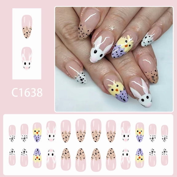 FEOLGEHLY Press-on Nails Medium Teardrop Easter Egg French Tip Bunny Cute Glossy Reusable Fake Nails With Adhesive Tabs For Spring Easter Manicure 24pcs (multicolor)