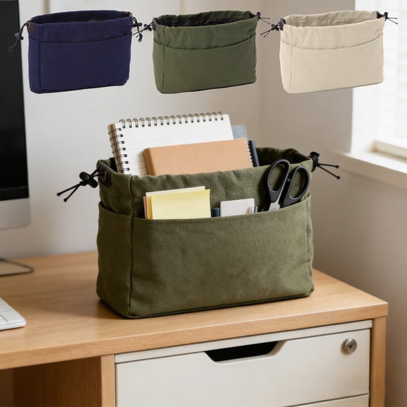 FEOLGEHLY Purse Organizer Insert for Tote Bag, Drawstring Make Up Organizer Bag Cosmetic Bag, Small Canvas Purse with Multiple Pockets, Bag Insert Organizer for Inside Handbag and Daily Use (Beige)