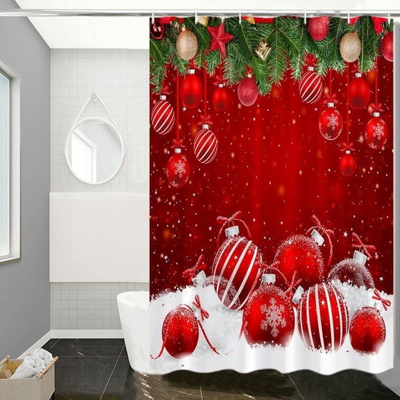 FEOLGEHLY Red Christmas Bauble Shower Curtain, Room Divider & Dorm Privacy Curtain 35x71 in, Fade Resistant Polyester Fabric Bath Curtain with Hooks, for RV, Gym, Spa, Apartment, Hotel, Home (A)