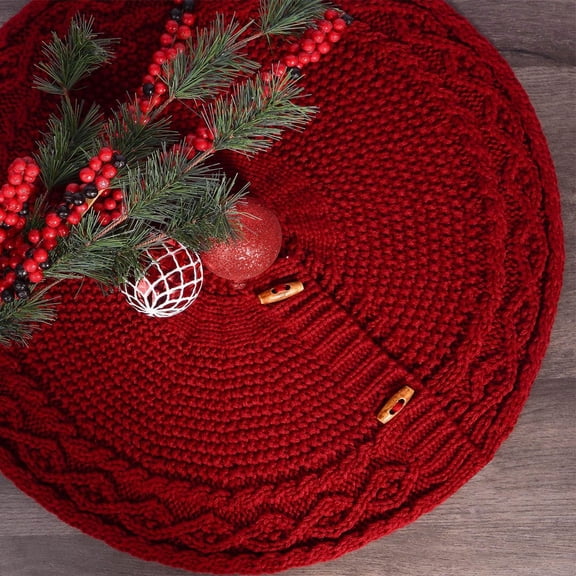 FEOLGEHLY Red Mini Knitted Christmas Tree Skirts, 18 inch Small Thick Cable Knit Round Tree Skirt, Farmhouse Xmas Tree Mats Base Cover for Home Holiday Party Decor, Indoor Christmas Decorations, Red