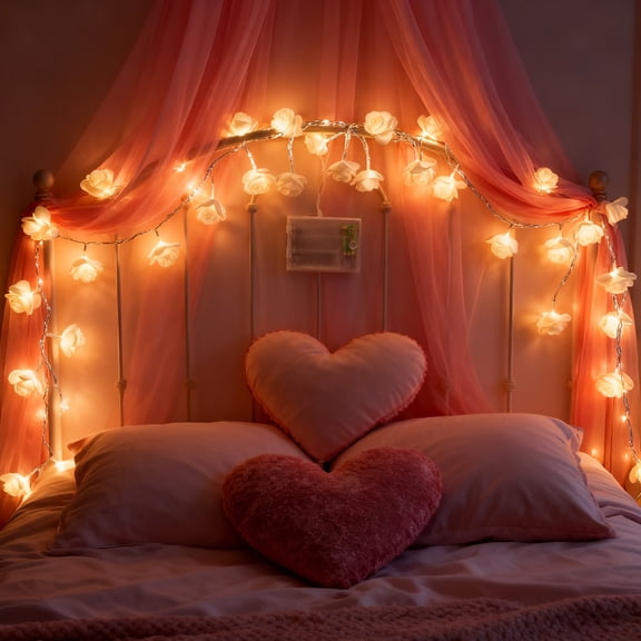 FEOLGEHLY Rose Flower String Lights, LED Battery Operated Romantic White Rose Lights, 9.8 Ft Artificial Flowers Garland Led Lights for Valentine's Day Wedding Indoor Outdoor Festival Party Decor