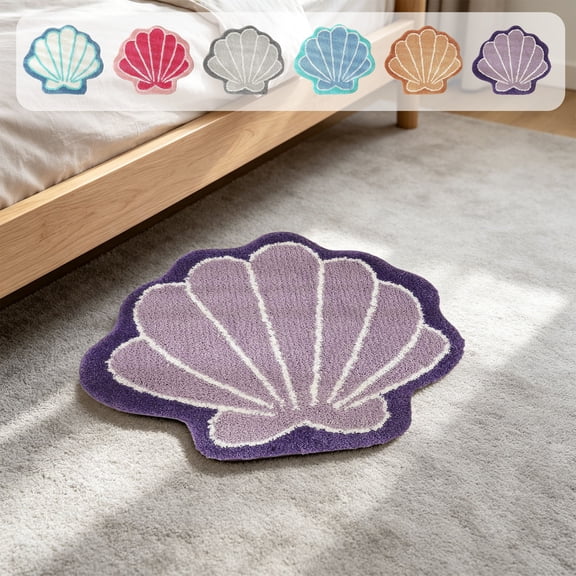 FEOLGEHLY Shell Shaped Floor Mats, Absorbent Soft Bath Mats, Non Slip Bathroom Rug, Durable & Stain-Resistant Quick-drying Easy to Clean for Kitchen Bathroom Bedroom 15.8 x 15.8 in (White)