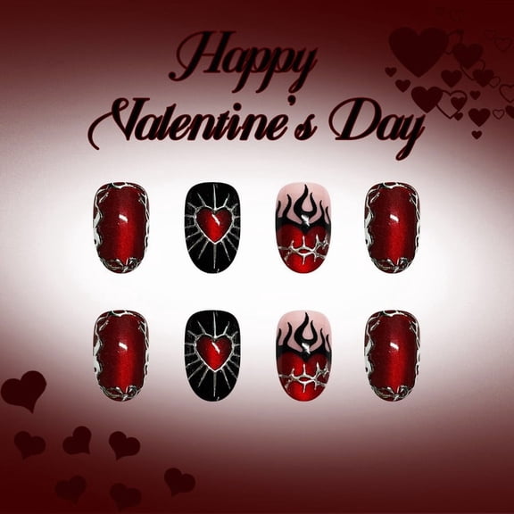 FEOLGEHLY Short Oval Glossy Press On Nails, Valentine's Day Red Heart Flame 3D Gold Foil Fake Nail Set, 24Pcs Reusable Cat Eye Wearable False Nail Tips for DIY Manicure