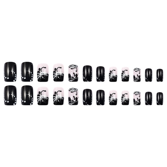 FEOLGEHLY Short Square Black Dark Floral Press On Nails, Sweet Cool Style Removable Acrylic False Nail Tips, 24Pcs Wearable Nail Art Set with Manicure Tool Kit