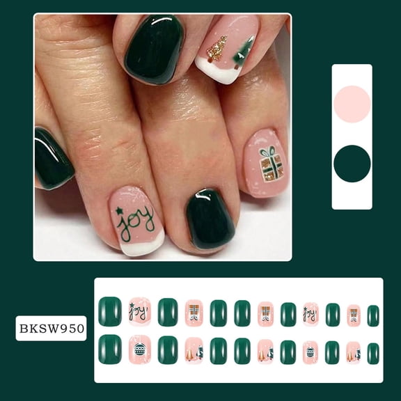 FEOLGEHLY Short Square Dark Green French Press On Nails, Letter Print Reusable Acrylic False Nail Tips with Nail Tool Kit, 24Pcs 12 Sizes Wearable Plastic Nails for Daily Manicure