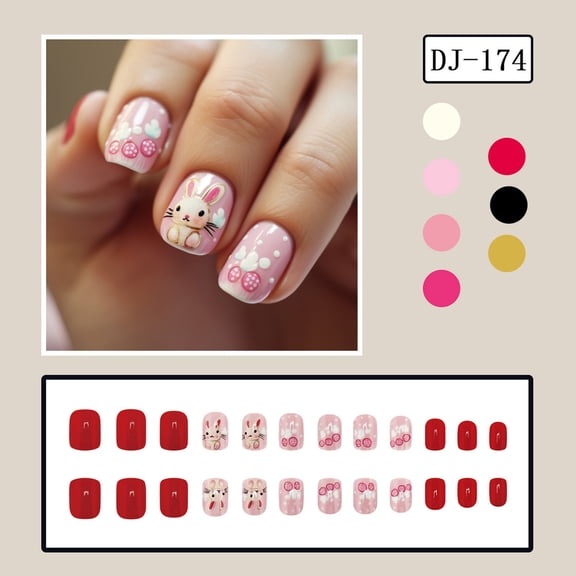 FEOLGEHLY Short Square Pink Glitter Cute Bunny Easter Press On Nails, 24Pcs Bunny Egg Cloud Pattern Reusable Plastic Artificial False Nail Tips for Holiday DIY Nail Art Manicure