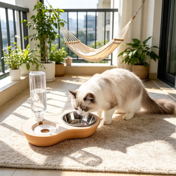 FEOLGEHLY Slow Feed Dog Food Water Bowl Set, Non Skid Anti-Spill Automatic Drinking Double Pet Bowl with Water Bottle Feeding Basin for Indoor Cats and Small Dogs Daily Pet Supplies