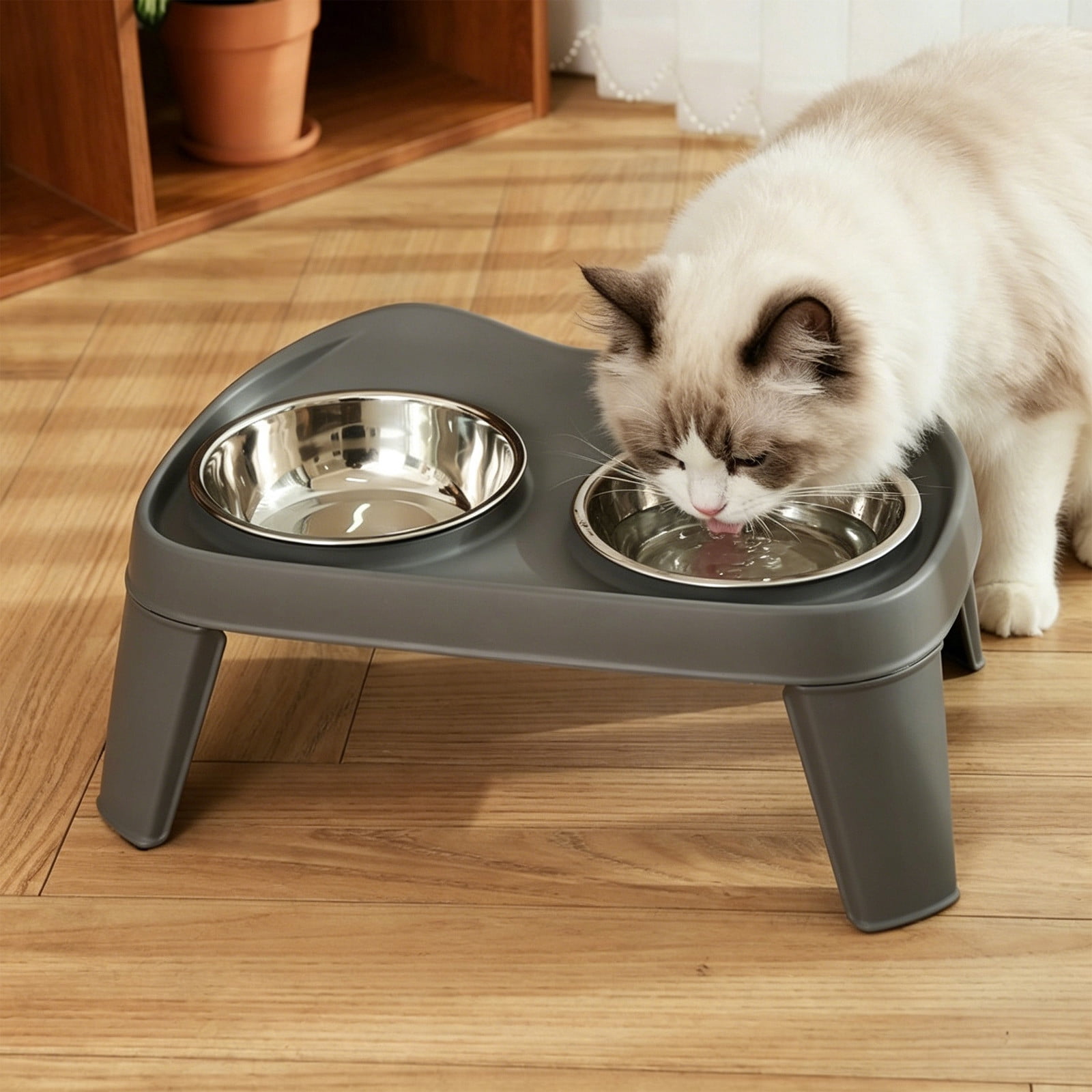 FEOLGEHLY Slow Feed Raised Dog Food Water Bowl Pet Bowl, Non Skid Stainless Steel Elevated Double Bowl Neck Protection Anti-Spill Feeding Table for Medium Large Dogs and Indoor Cats