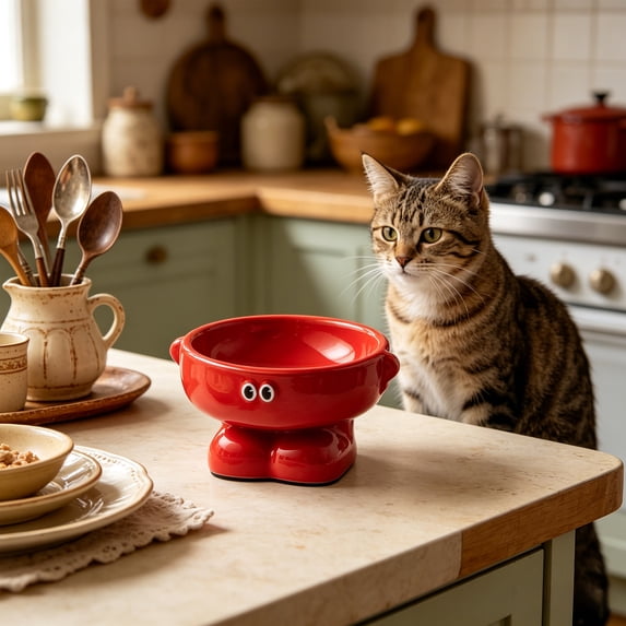 FEOLGEHLY Slow Feed Raised Dog Food Water Ceramic Bowl, Non Skid Cute Elevated Neck Protection Food Water Bowl for Small Dogs and Indoor Cats Household Pet Dining Bowl