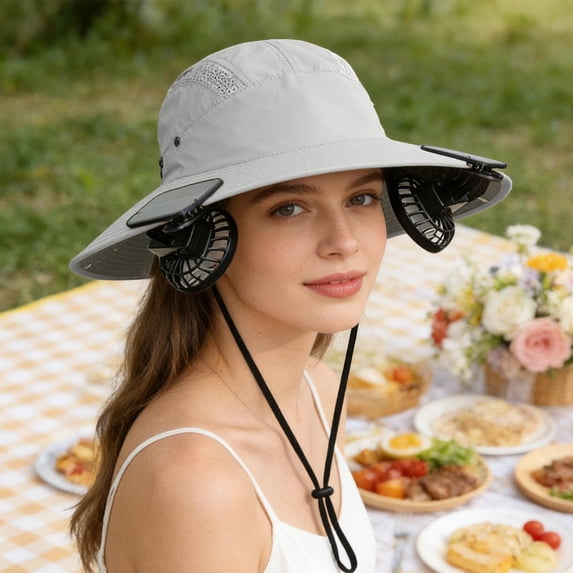 FEOLGEHLY Solar Fan Hat, UV Protection Sun Hat with Cooling Fan, Solar & USB Charging Breathable Fisherman Hat Wide Brim Neck Flap Waterproof for Fishing Hiking Gardening Outdoor, Gray