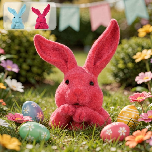 FEOLGEHLY Spring Easter Bunny Decoration for Yard, Green Velvet Flocked Standing Rabbit for Garden Patio Table, Durable Resin Bunny Figurine for Home Office, Holiday Party Favor, Pink