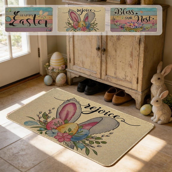 FEOLGEHLY Spring Easter Door Mat, 16x24 inch Retro Wood Grain Striped Rabbits Bunny Egg Pattern Rug, Non-Skid Linen Entrance Carpet for Home Office Shop, Easy Clean Indoor Outdoor Welcome Floor Mat
