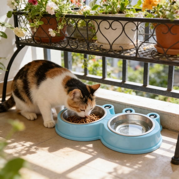 FEOLGEHLY Stainless Steel Pet Bowl, Cute Shaped Double Feeding Bowl Non Slip Raised Dog Food Water Bowl Set, Stylish Indoor Feeding Dish for Small Dogs Indoor Cats, Blue