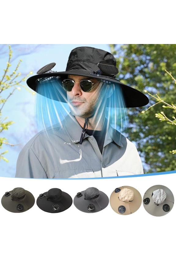 Summer Solar Fan Hat with 2 Fans, Sun Hats UV Protection, Solar Powered USB Charging Fisherman Hat, Wide Brim Sun Bucket Hat for Adults, for Outdoor Activities(Black)
