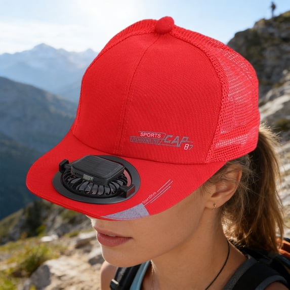 FEOLGEHLY Summer Solar Fan Hat with Small Fan, Breathable and Dry Solar Fisherman Hat, Sun Peaked Cap for Adults, Equipped with Adjustable Rear, Solar Powered Cap for Outdoor Activities(Red)