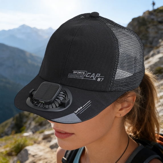 FEOLGEHLY Summer Solar Fan Hat with Small Fan, Breathable and Dry Solar Fisherman Hat, Sun Peaked Cap for Adults, Equipped with Adjustable Rear, Solar Powered Cap for Outdoor Activities(Black)