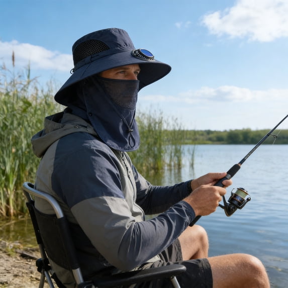 FEOLGEHLY Summer Solar Fan Hat with Veil, Mesh Designed, Breathable and Dry Solar Fisherman Hat, Wide Brim Sun Bucket Hat for Adults, Solar Powered USB Charging Cap for Outdoor Activities(Navy)