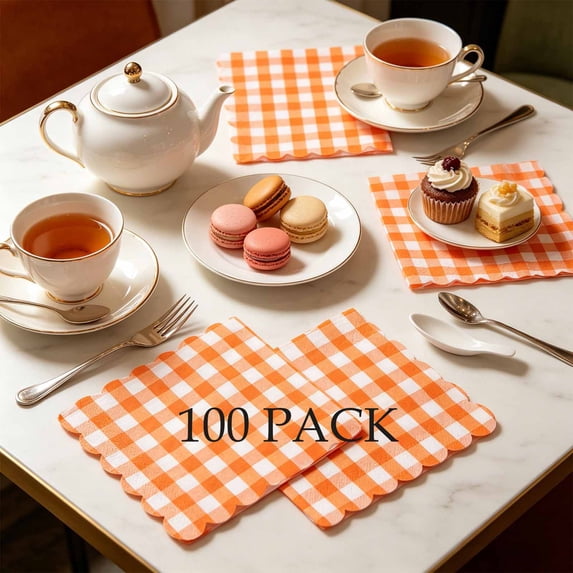FEOLGEHLY Thanksgiving Fall Decor Ginghams Paper Napkins Disposable Scalloped Cocktail Napkins