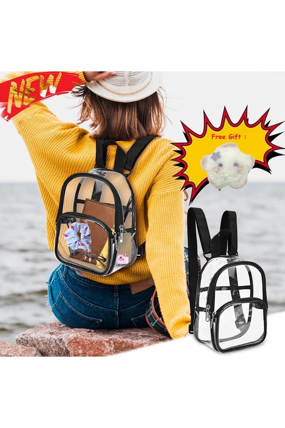 Thick Vinyl Clear Backpack, Transparent Stadium Approved Small Backpack for Beach Travel, Strong Zipper, Easy Clean
