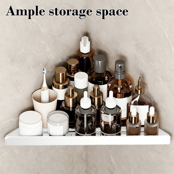 FEOLGEHLY Two-Tier Shelving Set Wall Shelf, Storage Rack with Two Bags of Accessories, Stainless Steel Shelf Wall Mount Triangular Shower Corner Shelf, for Lavatory Bathroom Corner, White