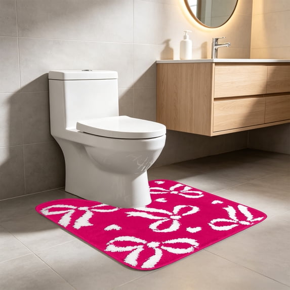 FEOLGEHLY U-Shaped Toilet Bathroom Rug, Toilet Mat Washable Non Slip, Bath Bathroom Mat Bow Stuff, Diameter Soft Plush Microfiber with Highly Absorbent Floor Mat(18"x20", Pink)
