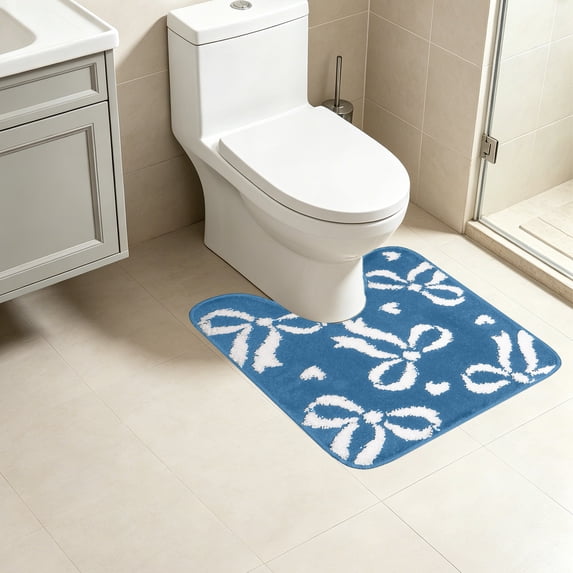 FEOLGEHLY U-Shaped Toilet Bathroom Rug, Toilet Mat Washable Non Slip, Bath Bathroom Mat Bow Stuff, Diameter Soft Plush Microfiber with Highly Absorbent Floor Mat(18"x20", Blue)