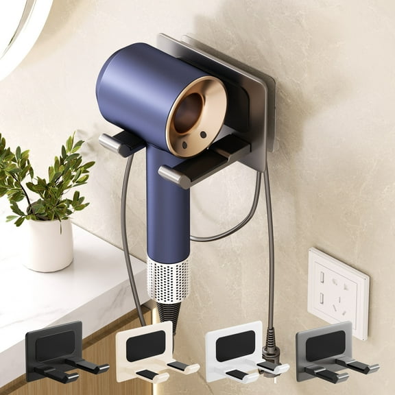 FEOLGEHLY Universal Hair Dryer Holder, Wall Mount Blow Dryer Stand, Self Adhesive Hair Tool Hanging Organizer for Vanity, Hairdryer Hanger Storage Rack for Cabinet Bathroom, Gray