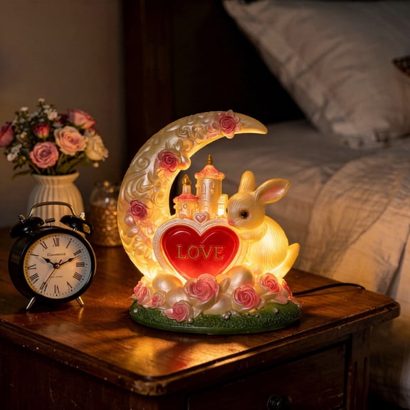 FEOLGEHLY Valentines Day Moon and Rabbit Love Rose 3D Resin Tabletop Decoration, Pink Rose Bunny Valentines Day Ornament for Home Easter Decorations Valentines Day Gift