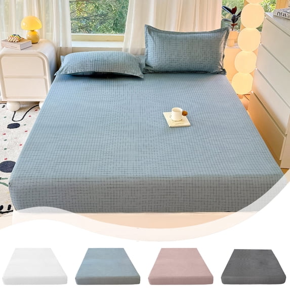 FEOLGEHLY Washed Cotton Check Fitted Sheet, All Season Simple Style Mattress Protector, Non Slip Elastic Edge Bed Sheet, Breathable Soft Skin Friendly No Fade Easy Care, 59.06x78.74 in (White)