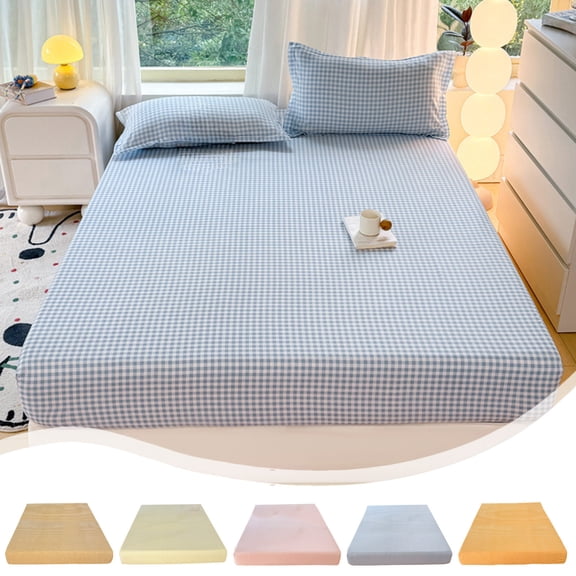 FEOLGEHLY Washed Cotton Light Check Fitted Sheet, All Season Plain Weave Mattress Protector, Non Slip Elastic Edge Bed Sheet, Breathable Soft Skin Friendly No Fade Easy Care, 59.06x78.74 in (Pink)