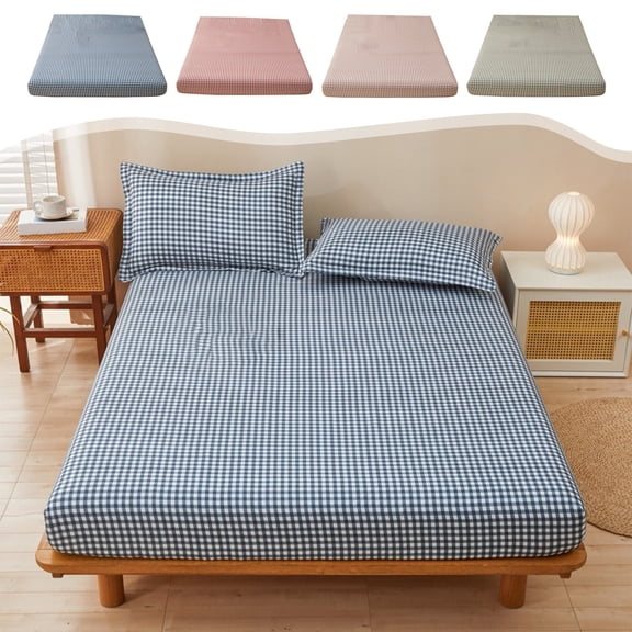 FEOLGEHLY Washed Cotton Linen Check Fitted Sheet, Full Breathable Soft Wrap Mattress Protector, Non Slip Elastic Edge Bed Sheet, Stain Resistant Wrinkle Resistant No Fade, 78.74x70.87 in (Blue)