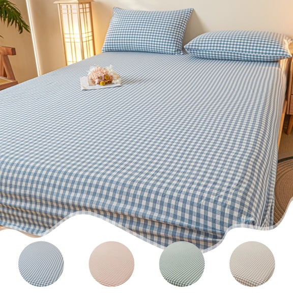 FEOLGEHLY Washed Cotton Linen Plaid Fitted Sheet, Full Wrap Mattress Protector, Elastic Edge Deep Pocket Non Slip Bed Sheet, Breathable Wrinkle Resistant Skin Friendly Durable, 78.7x59.1 in (Green)