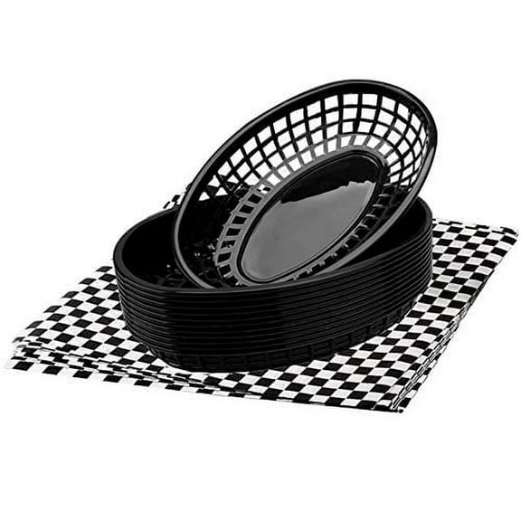 FEOOWV Retro Style Fast Food Basket (12Pk) and Checkered Deli Liner (100 Pk) Combo. Fast Food Basket Are Dishwasher Safe. Disposable Deli Paper Squares for Easy Cleanup (Black)