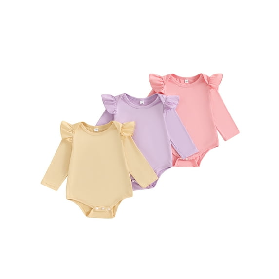 FEORJGP 3-Pack Toddler Baby Boys Girls One-piece Rompers Set Infant Ruffle Long Sleeve Bodysuits Solid Round Neck Jumpsuits Kids Newborn Casual Comfy Simply Playsuits Daily for Spring Fall 0-24M